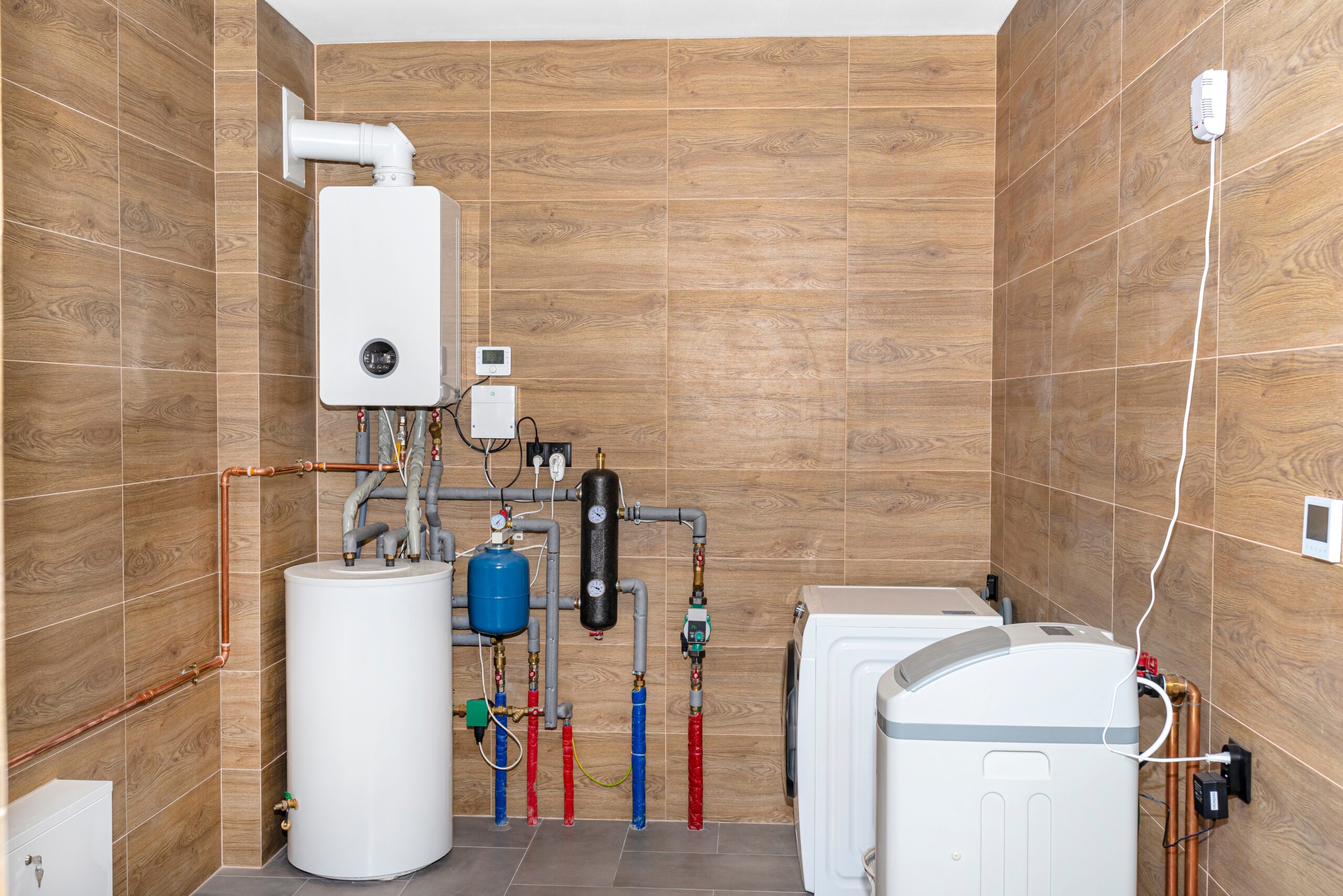 A,Modern,Gas,Boiler,Room,Lined,With,Ceramic,Tiles,Imitating